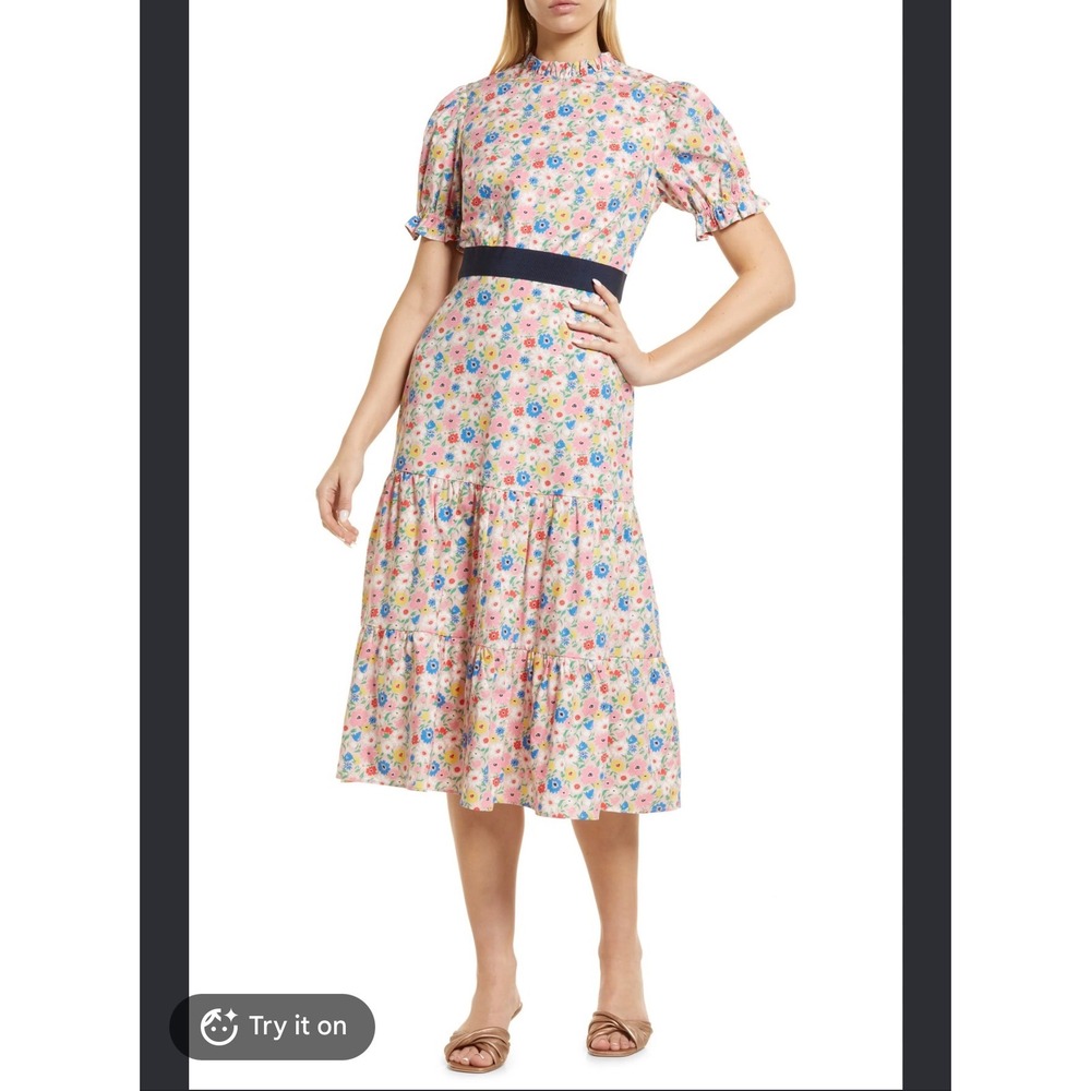 Boden Pretty Cotton Floral Frill Neck Midi Dress Pink Multicolor Size US 8R